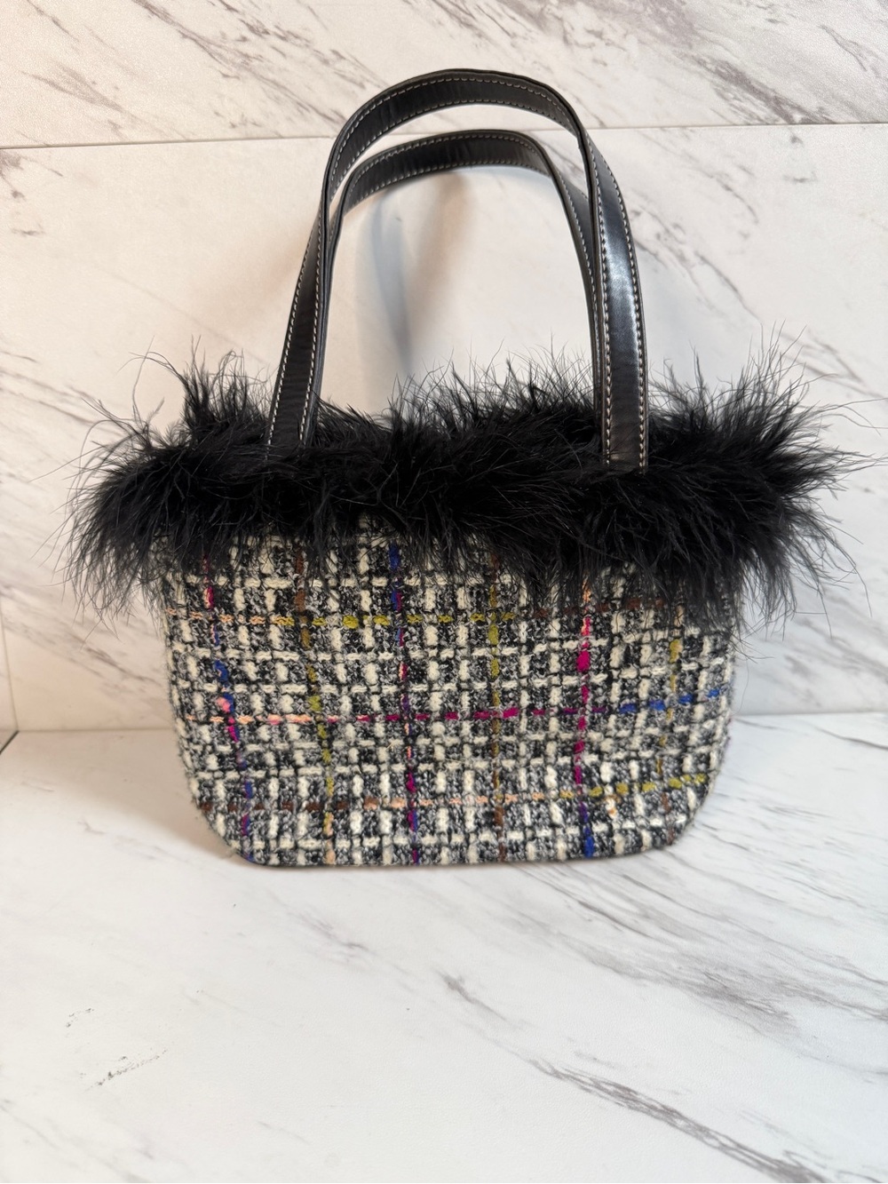 3/$50 Y2K Tweed Mini Tote Bag Feather Faux Fur Trim Black Multi Plaid Top Handle